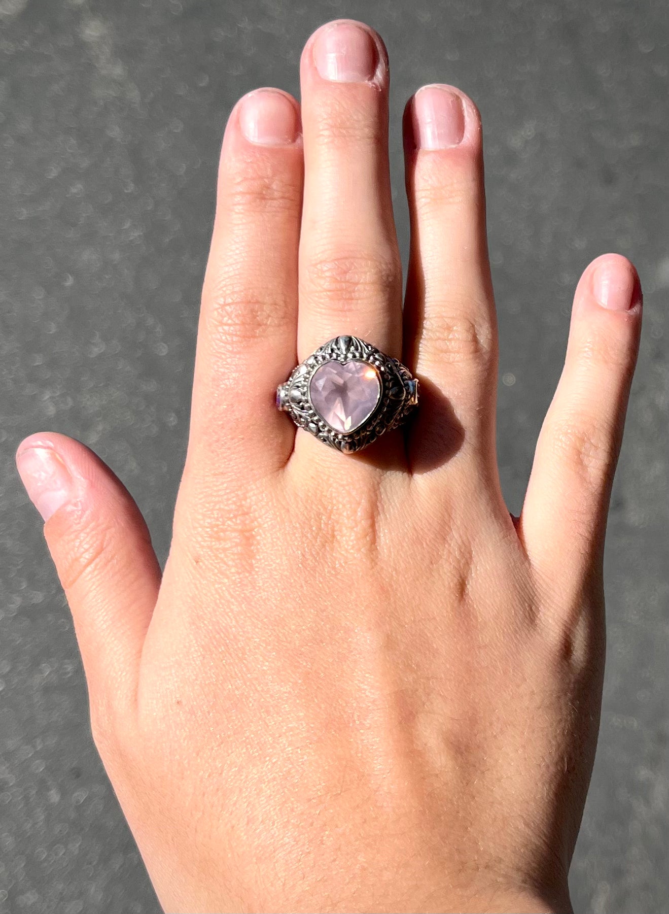 Rose Quartz Heart Filigree Ring | Sterling Silver