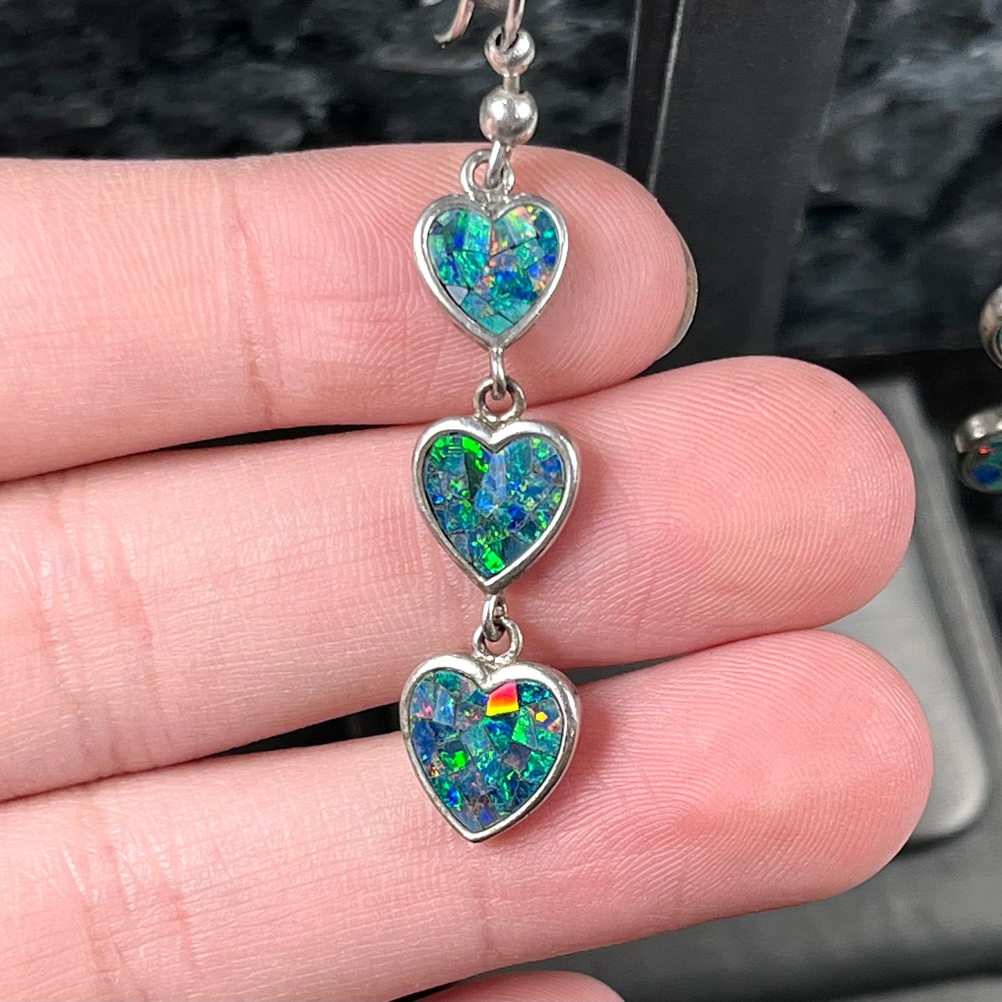 Mosaic Opal Heart Dangle Earrings