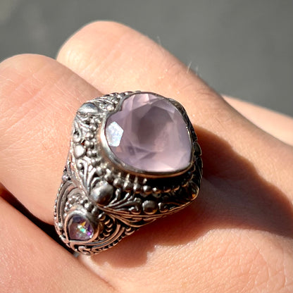 Rose Quartz Heart Filigree Ring | Sterling Silver