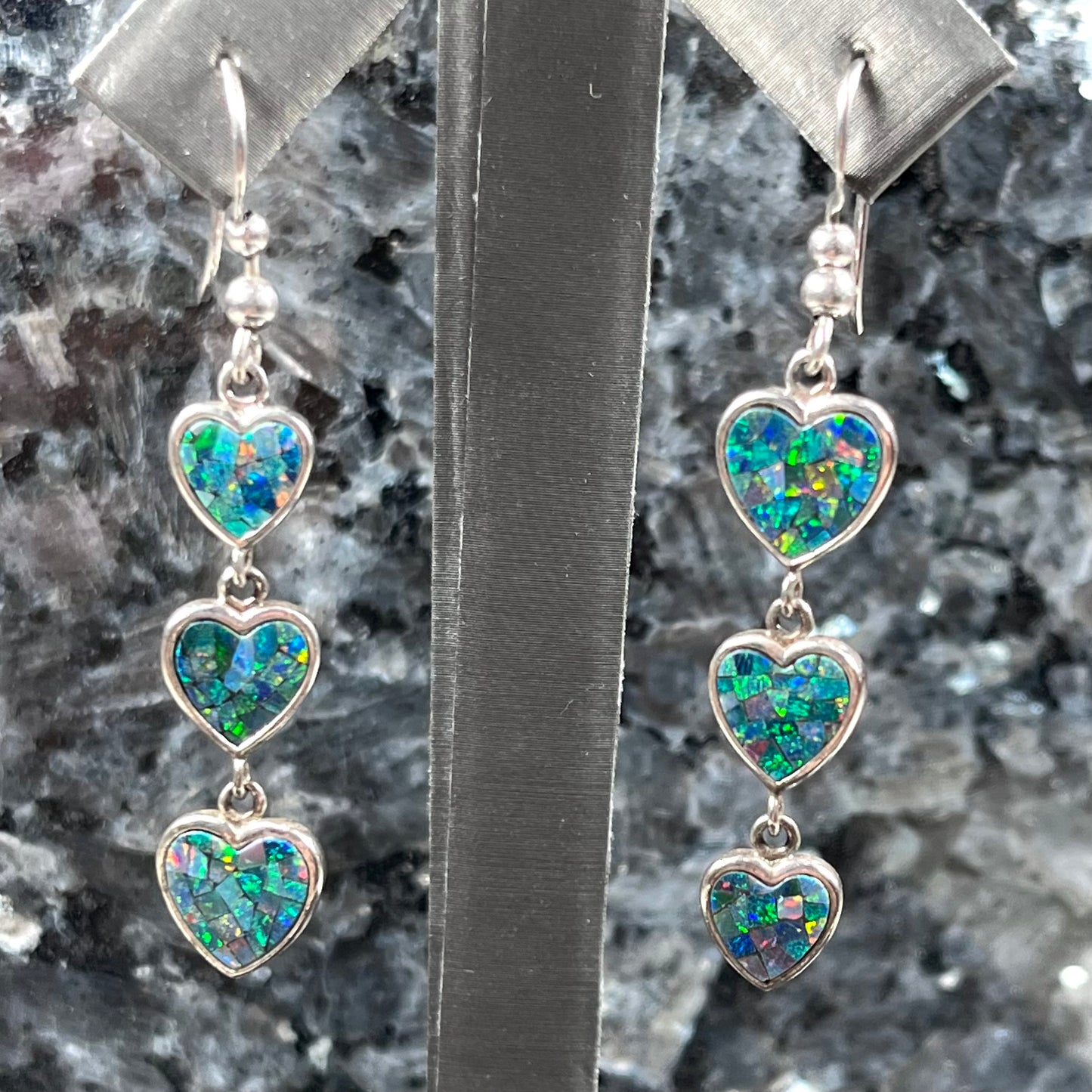 Mosaic Opal Heart Dangle Earrings