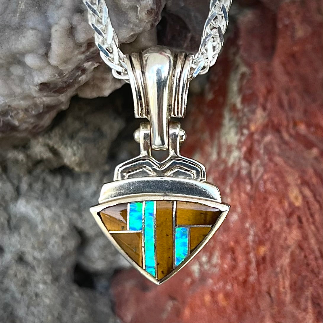 Sterling Silver Inlay Pendant, Native American, Vintage 925 Jewelry, high quality Turquoise, Lapis Lazuli, Tiger Eye, Coral, Inlaid, Long, Regalia Wear