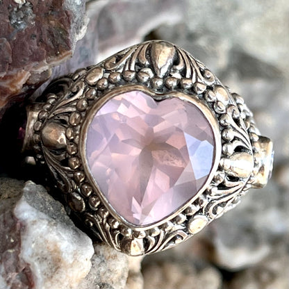 Rose Quartz Heart Filigree Ring | Sterling Silver