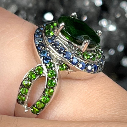 Chrome Diopside & Sapphire Ring | Sterling Silver