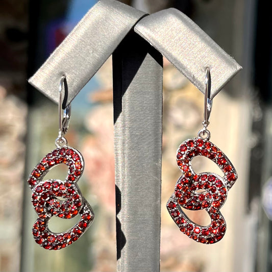 Garnet Heart Dangle Earrings | Sterling Silver