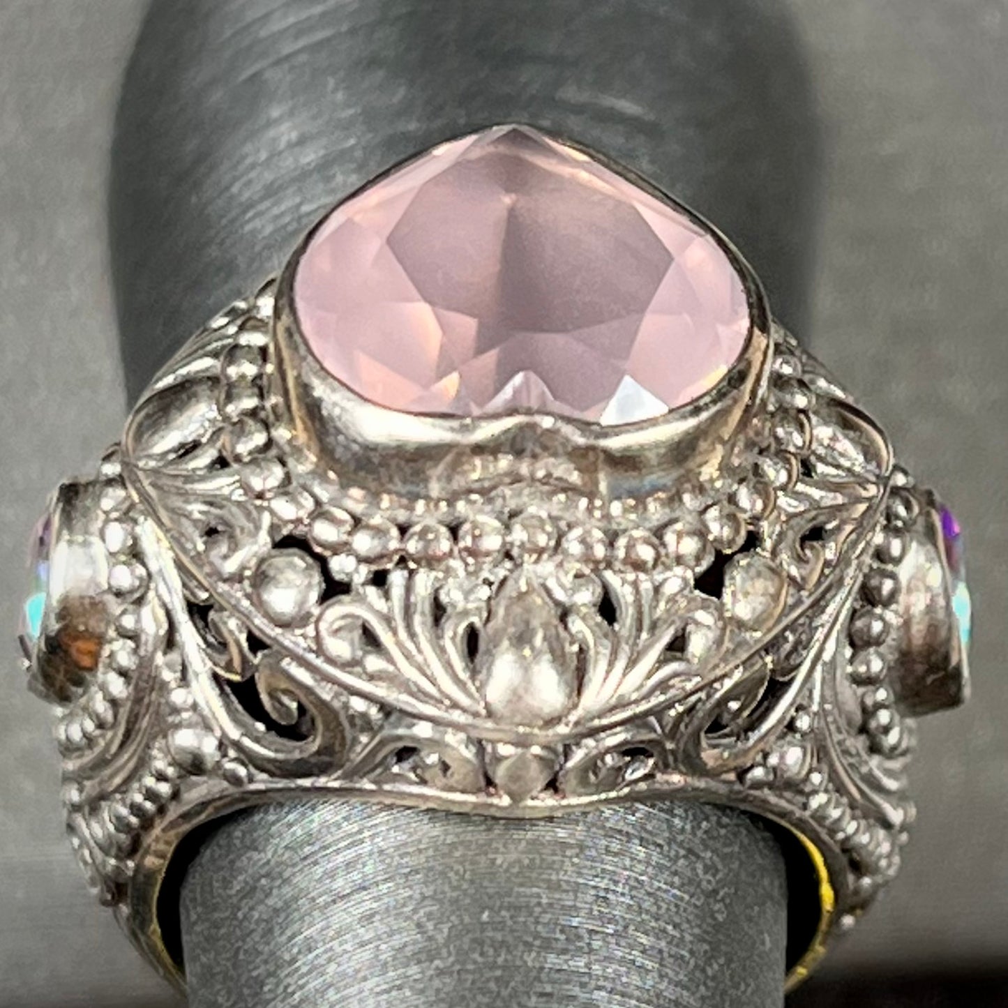 Rose Quartz Heart Filigree Ring | Sterling Silver