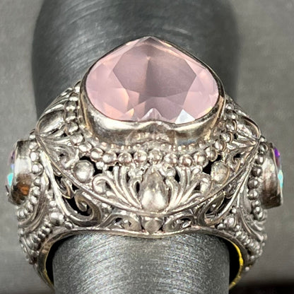 Rose Quartz Heart Filigree Ring | Sterling Silver