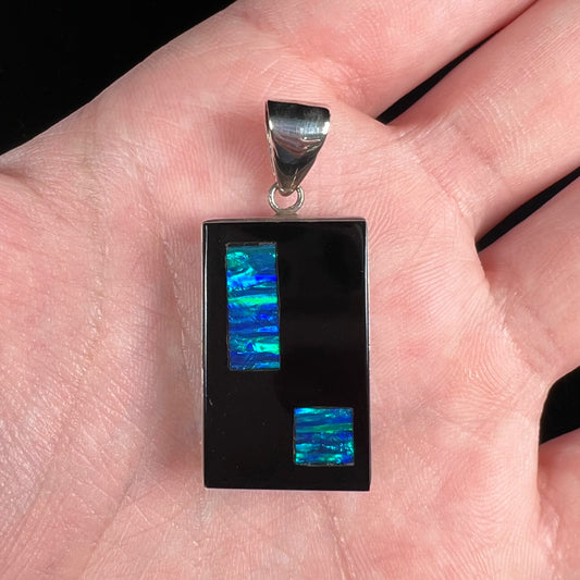 Onyx and Synthetic Opal Inlay Pendant | Sterling Silver