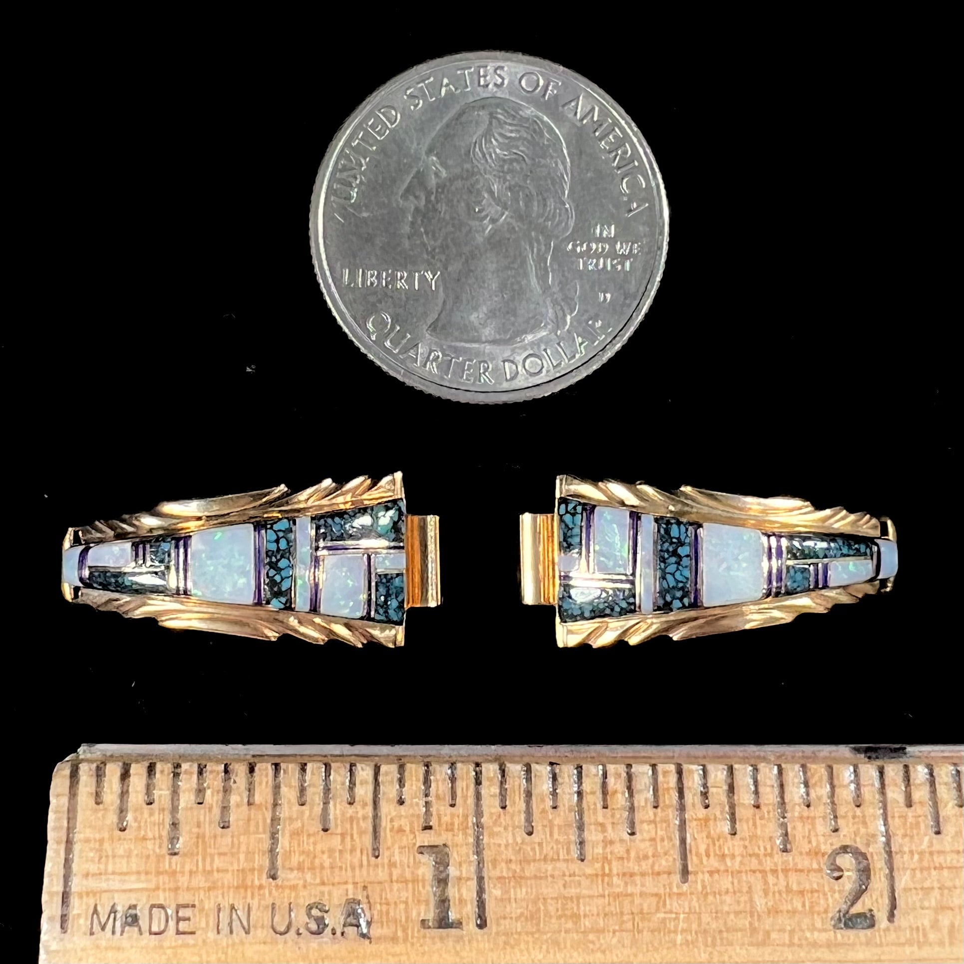 A pair of ladies' yellow gold watch cuffs inlaid with spiderweb turquoise and white crystal opal.