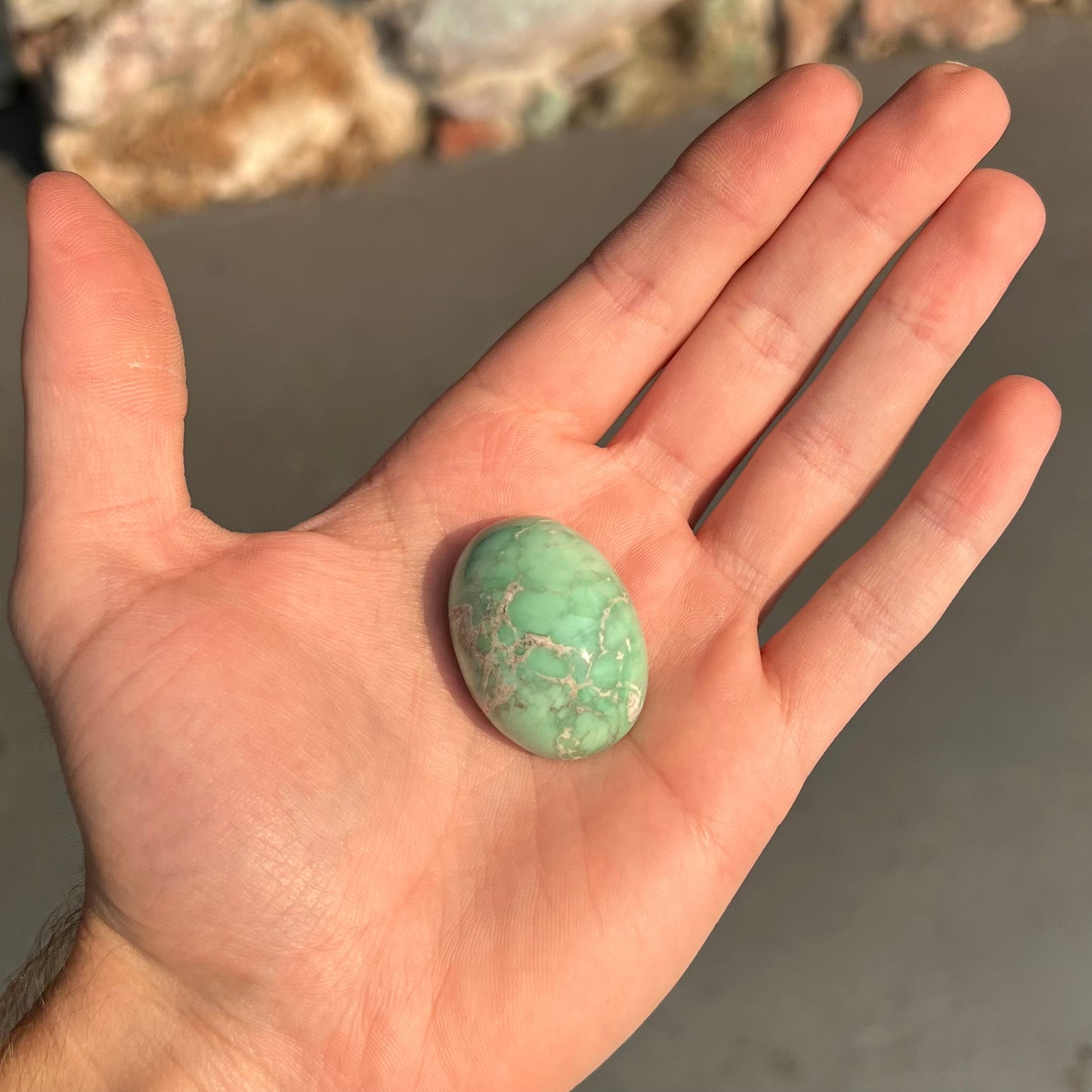 A loose, oval cabochon cut green variscite stone from Utah, USA.