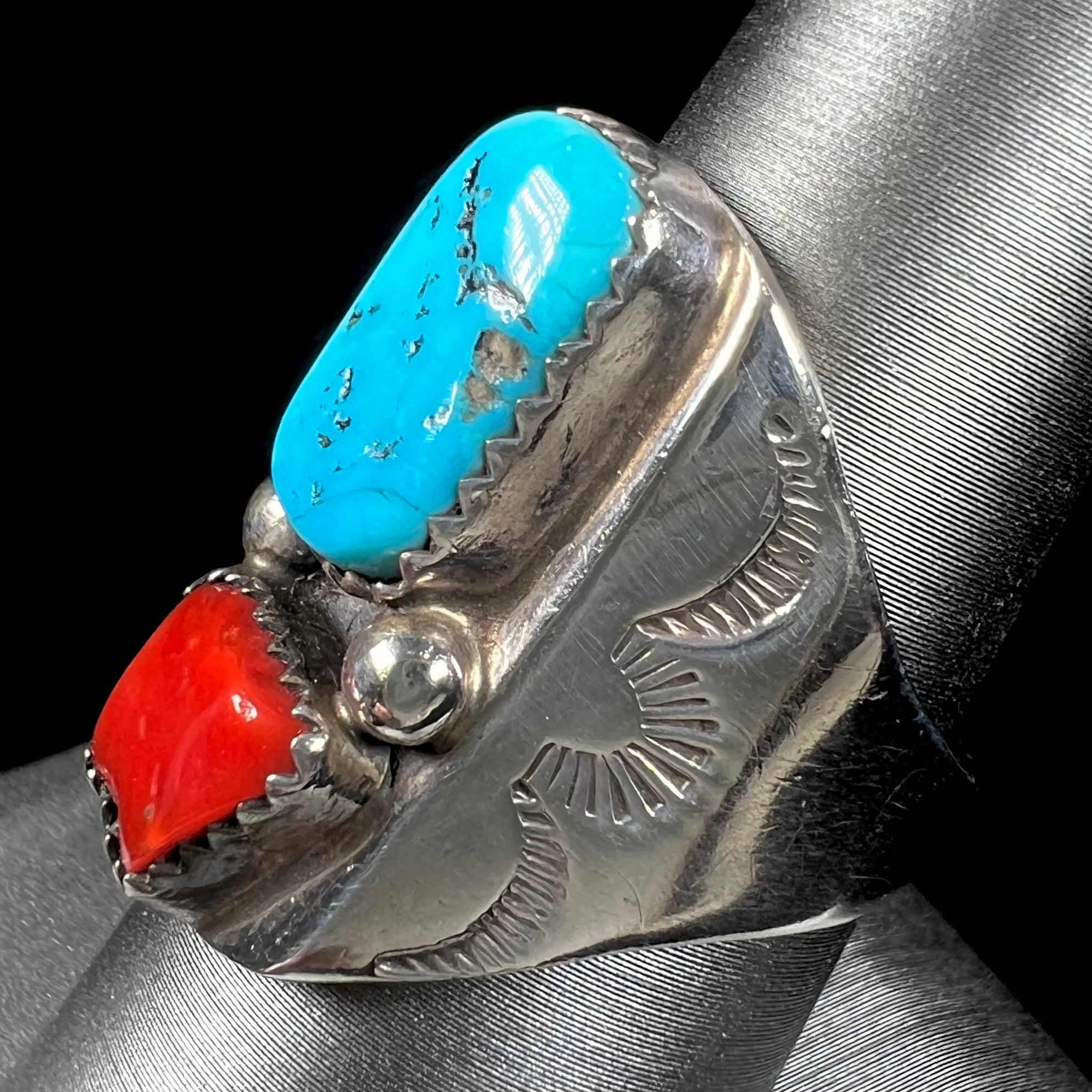 Men's Navajo Turquoise & Coral Ring, Vintage c.1960's | Burton's