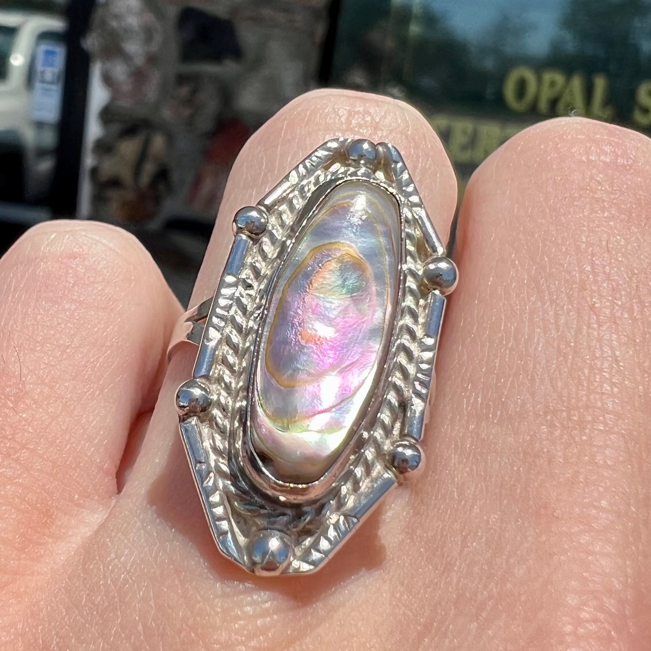 Signed Zuni Pink Mother store of Pearl Sterling Ring