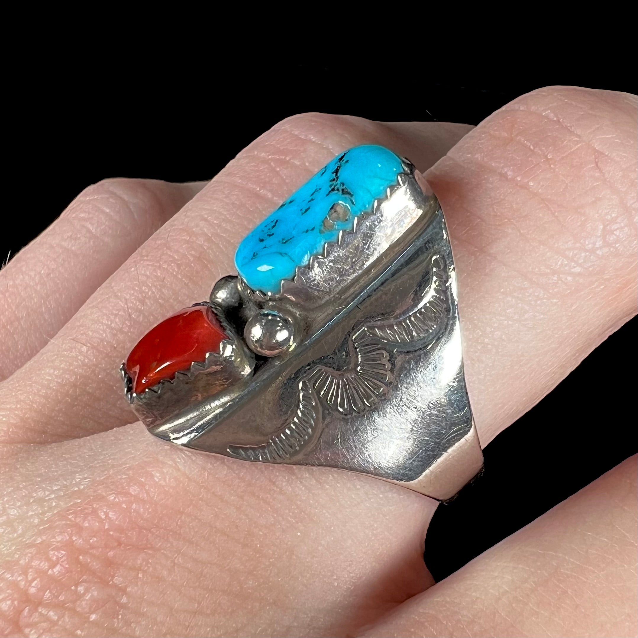 Men's Navajo Turquoise & Coral Ring | Sterling Silver | Vintage c.1960's