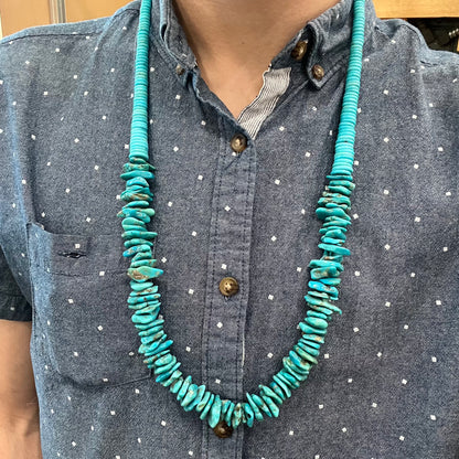 A men's turquoise stone bead necklace made from polished Kingman and Sleeping Beauty Mine turquoise.