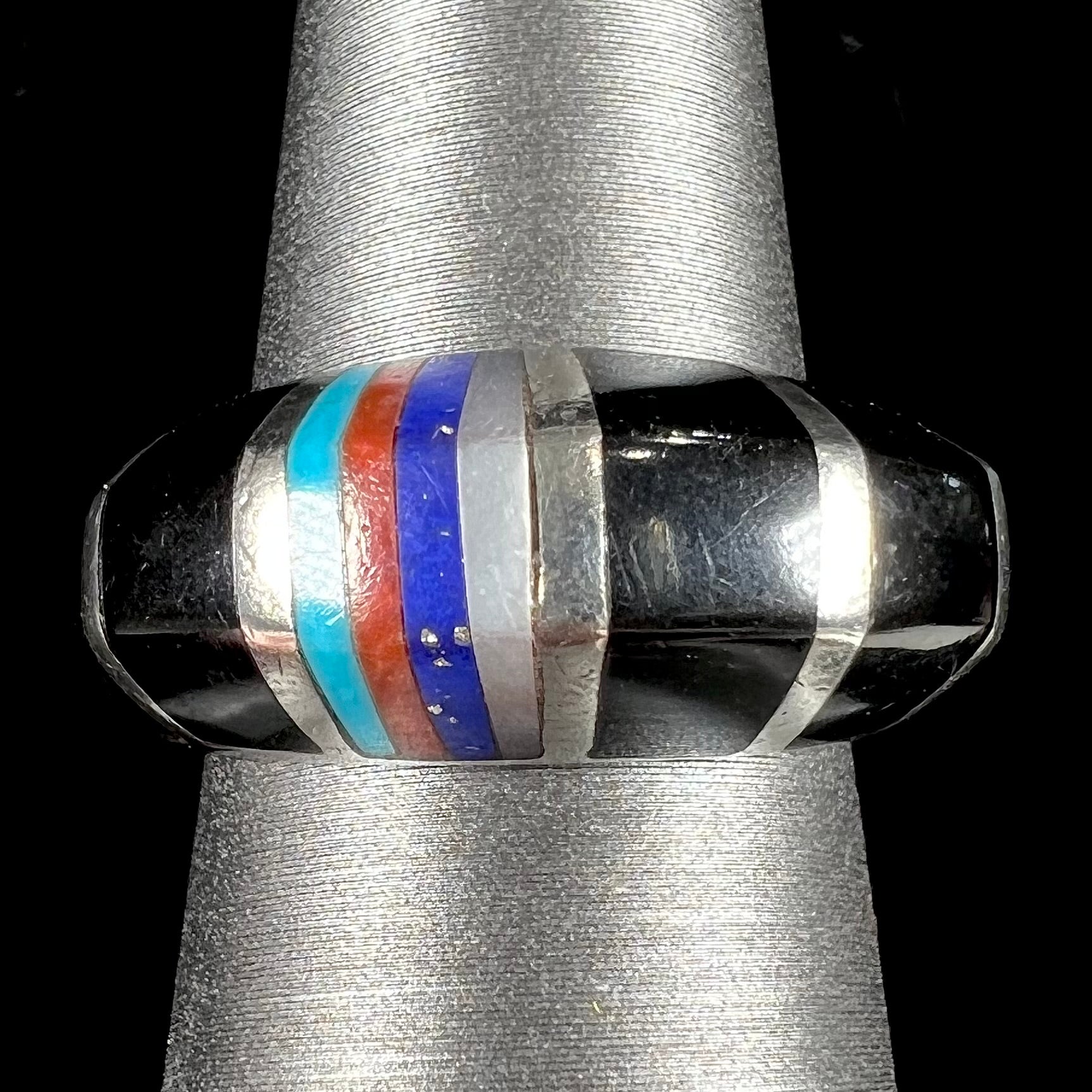 Estate Southwest Onyx, Turquoise, Coral, & Lapis Inlay Ring