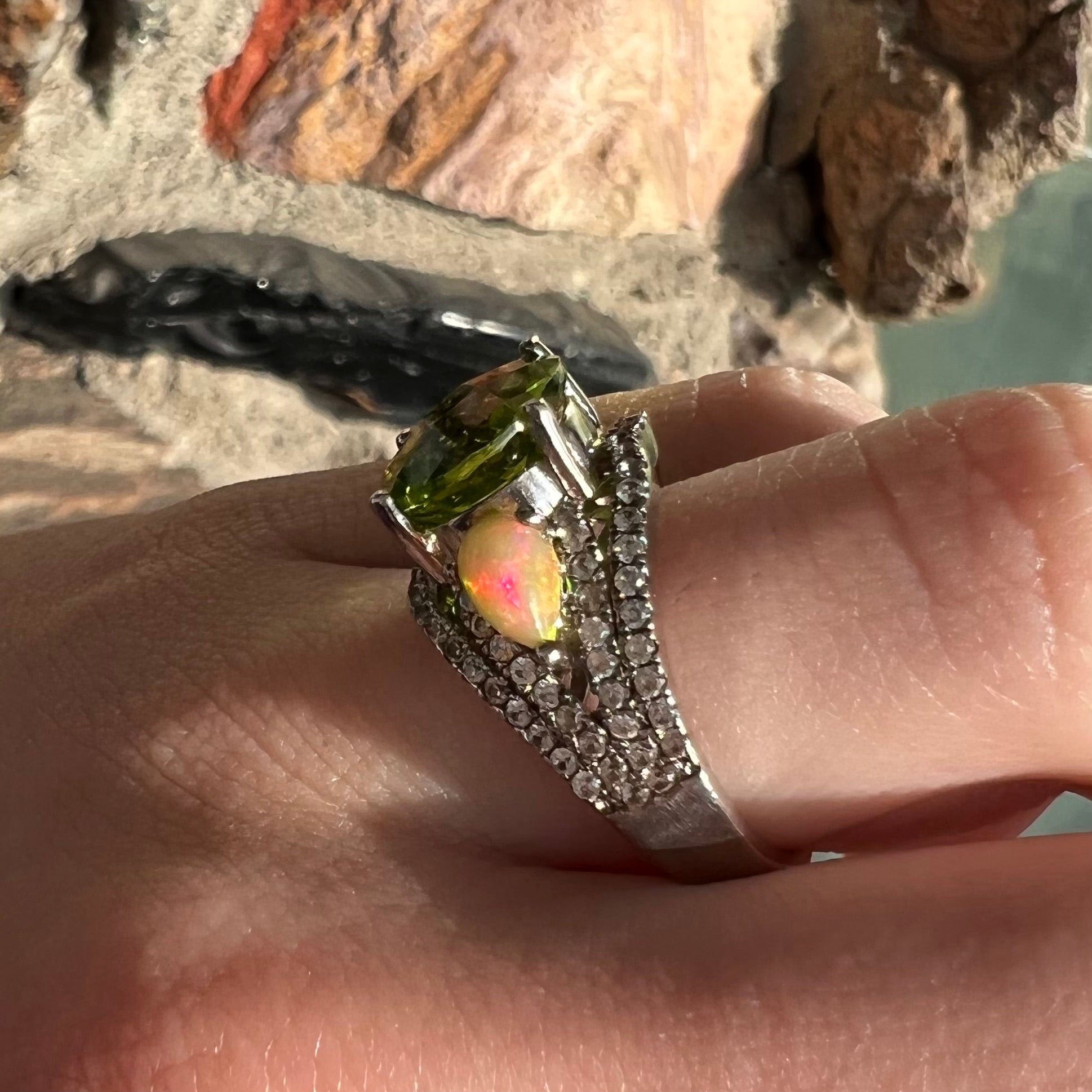 Silver Peridot & Fire Opal Ring | Burton's – Burton's Gems and Opals