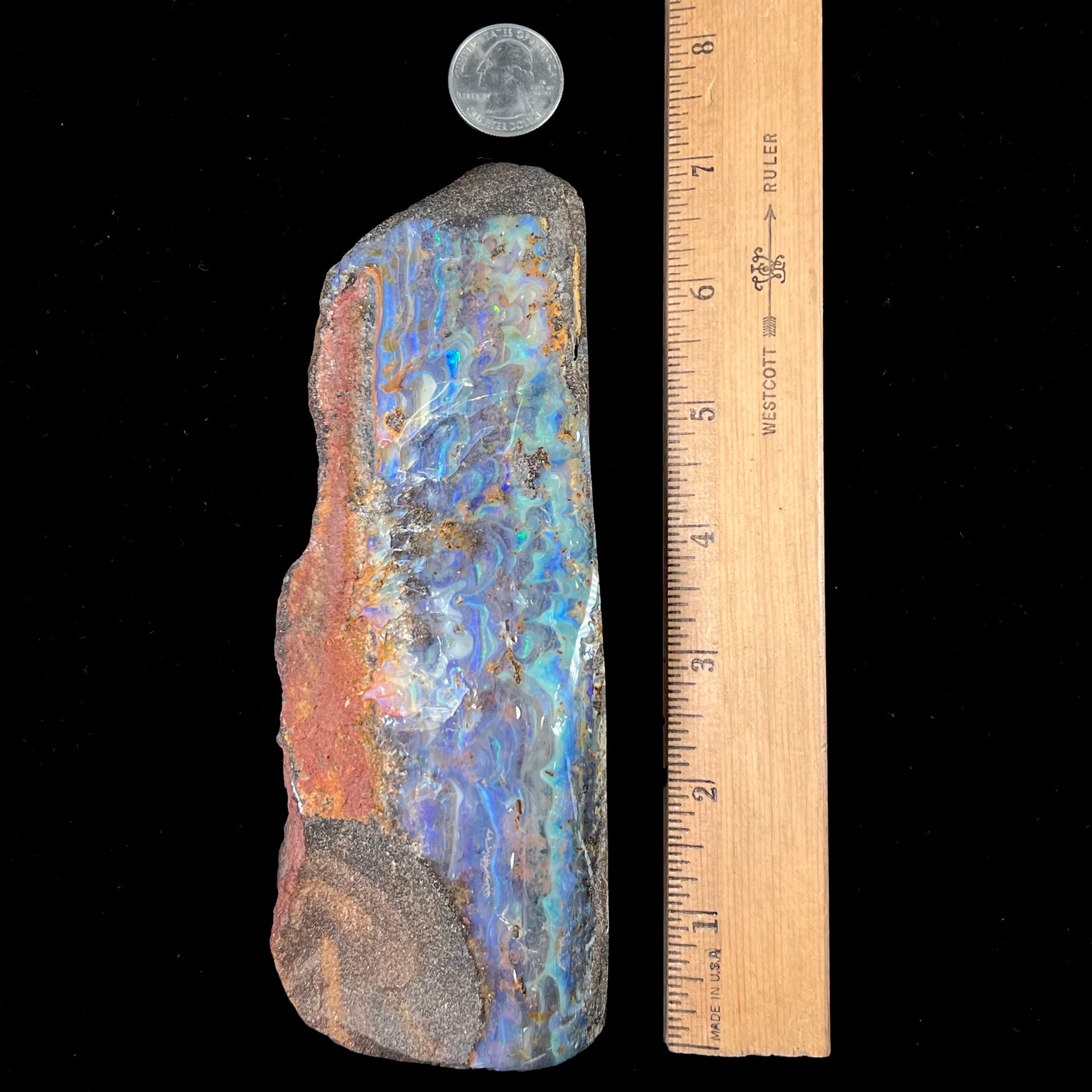 A 7 inch long, polished Quilpie boulder opal specimen.  The stone shows colors of blue, green, and orange.