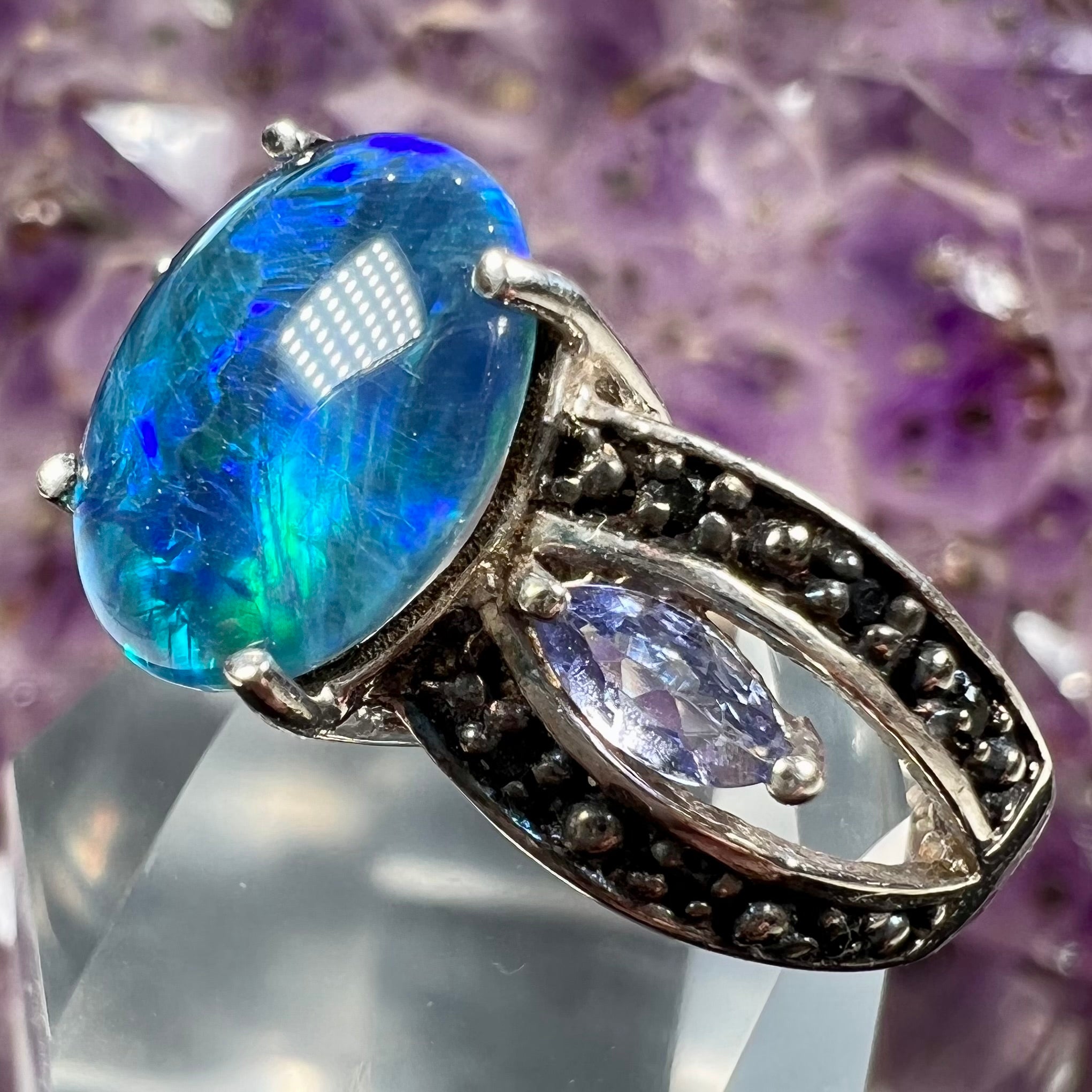 Black Opal Triplet & Tanzanite Silver Ring | Burton's – Burton's