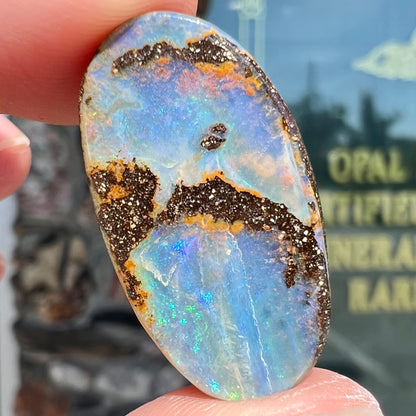 A loose, oval cabochon cut boulder opal stone from Queensland, Australia.