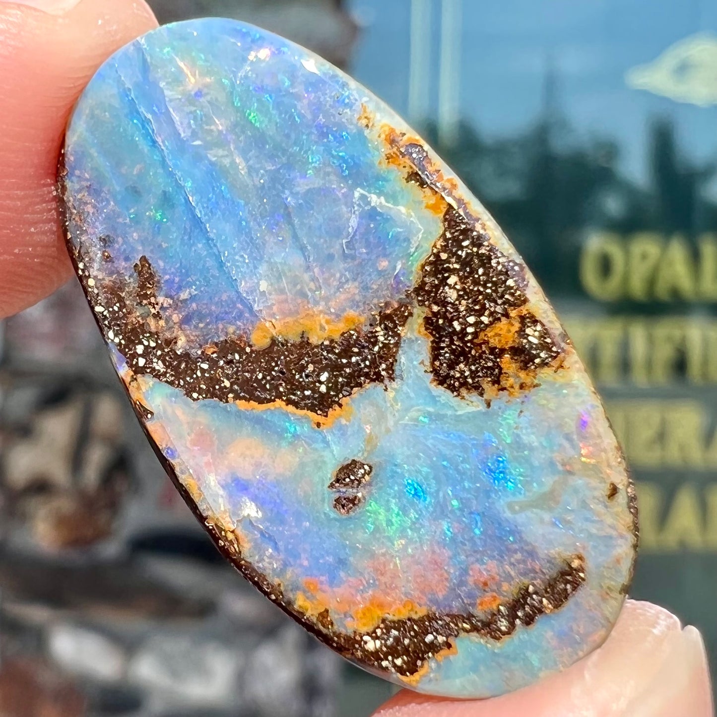 A loose, oval cabochon cut boulder opal stone from Queensland, Australia.