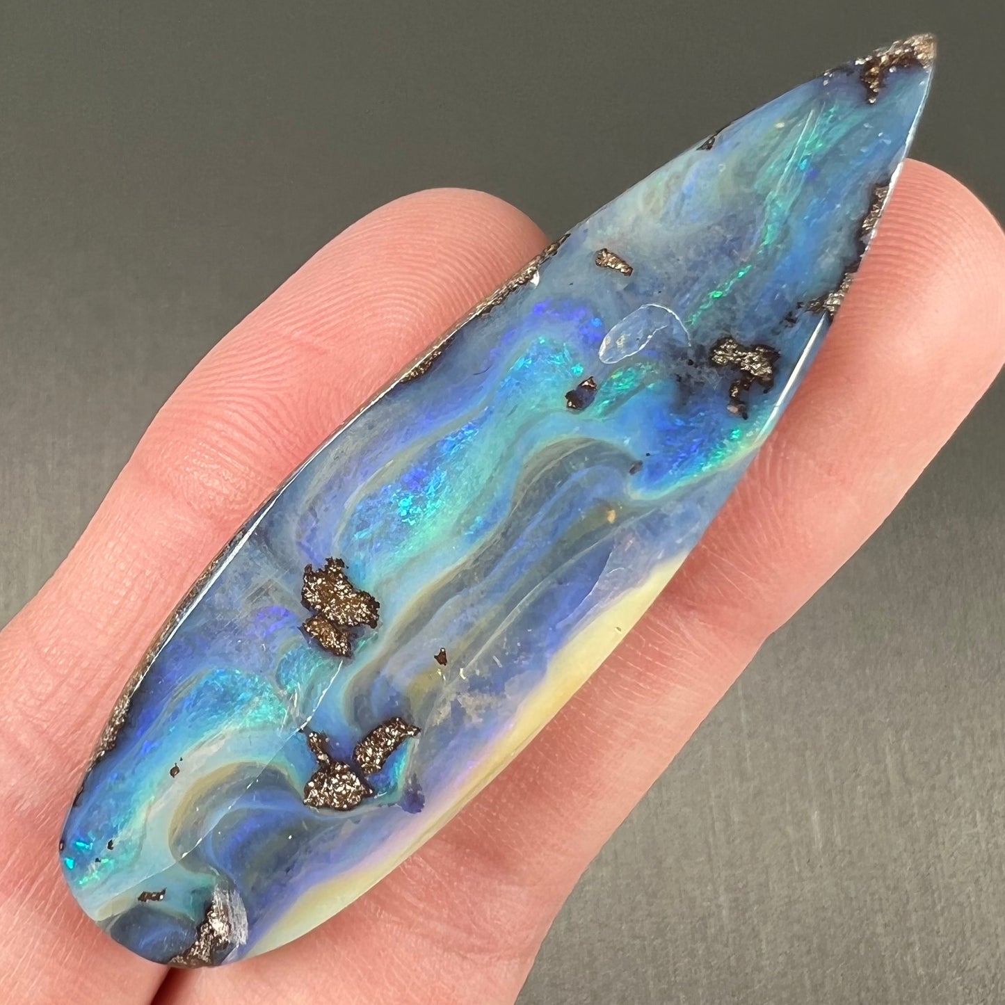 A blue, drop shaped Quilpie boulder opal stone from Queensland, Australia.