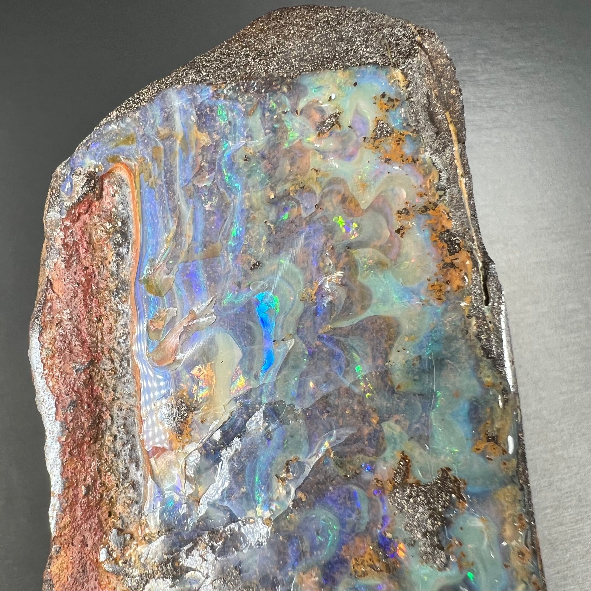 A 7 inch long, polished Quilpie boulder opal specimen.  The stone shows colors of blue, green, and orange.