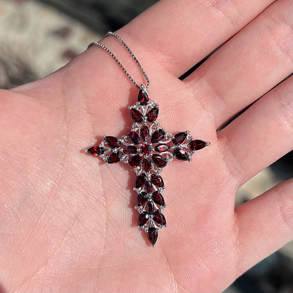 Garnet Cross Pendant | Sterling Silver