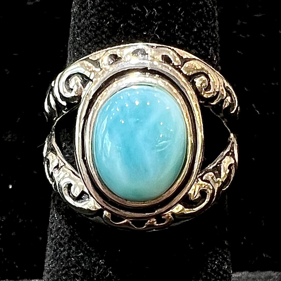 Vintage sterling silver bezel-set blue larimar cabochon (as-is) ring size 2024 8.5