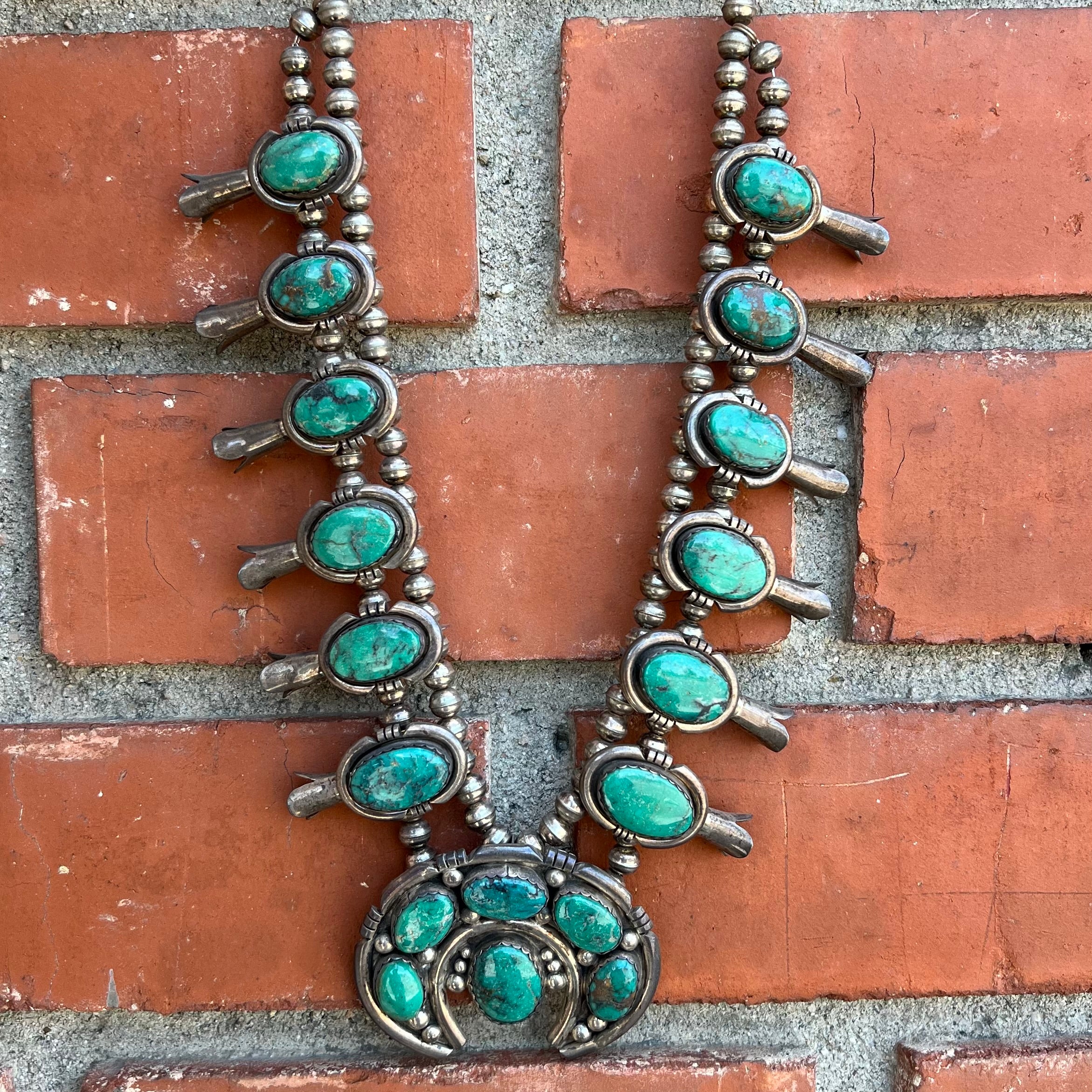 Navajo Turquoise Sterling Silver Squash Blossom Necklace - Yourgreatfinds