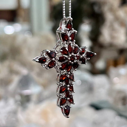 Garnet Cross Pendant | Sterling Silver