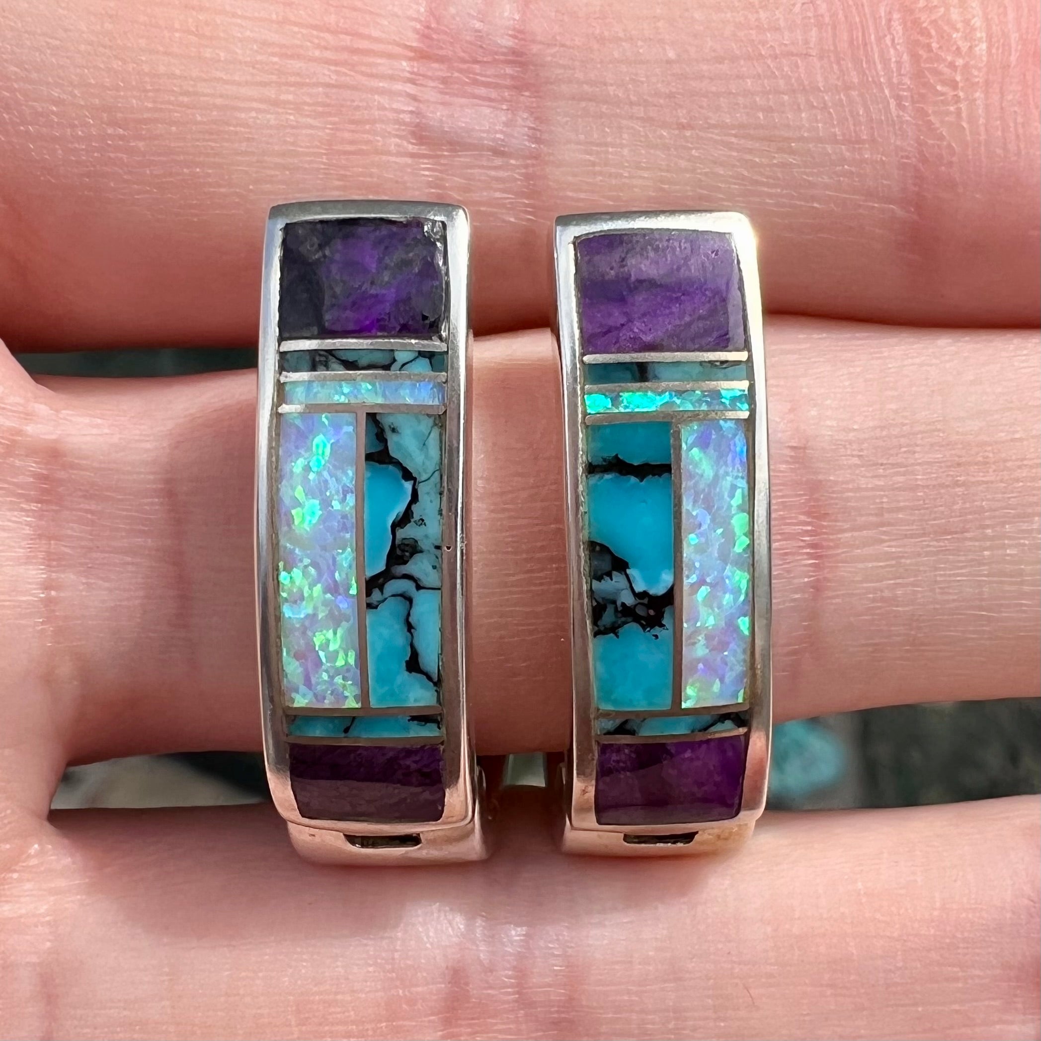 Navajo Sterling order Turquoise and Opal Micro-Inlay Earrings #317 SIGNED