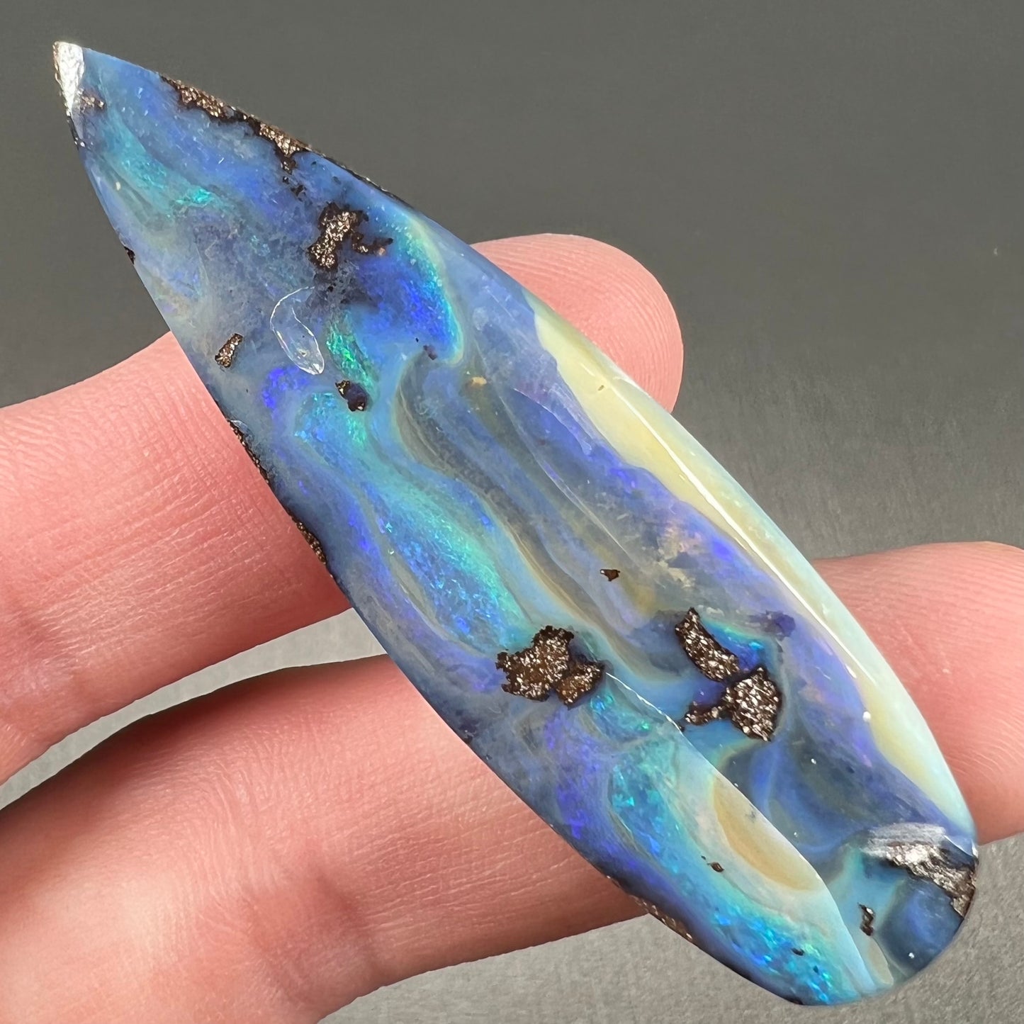 A blue, drop shaped Quilpie boulder opal stone from Queensland, Australia.