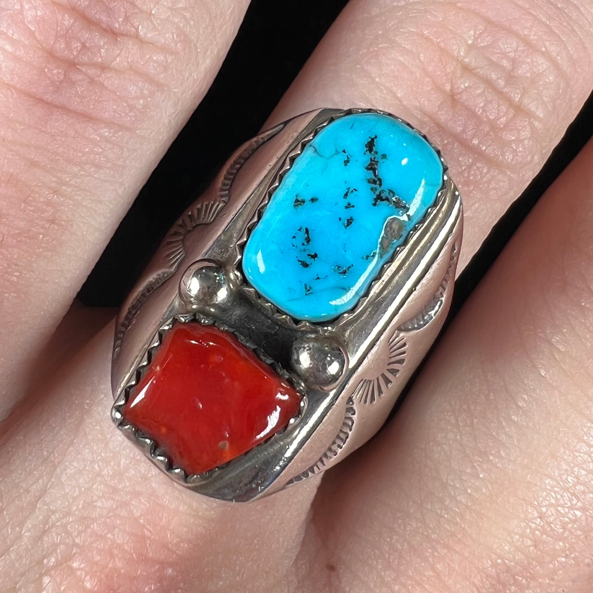 Men's Navajo Turquoise & Coral Ring, Vintage c.1960's | Burton's ...