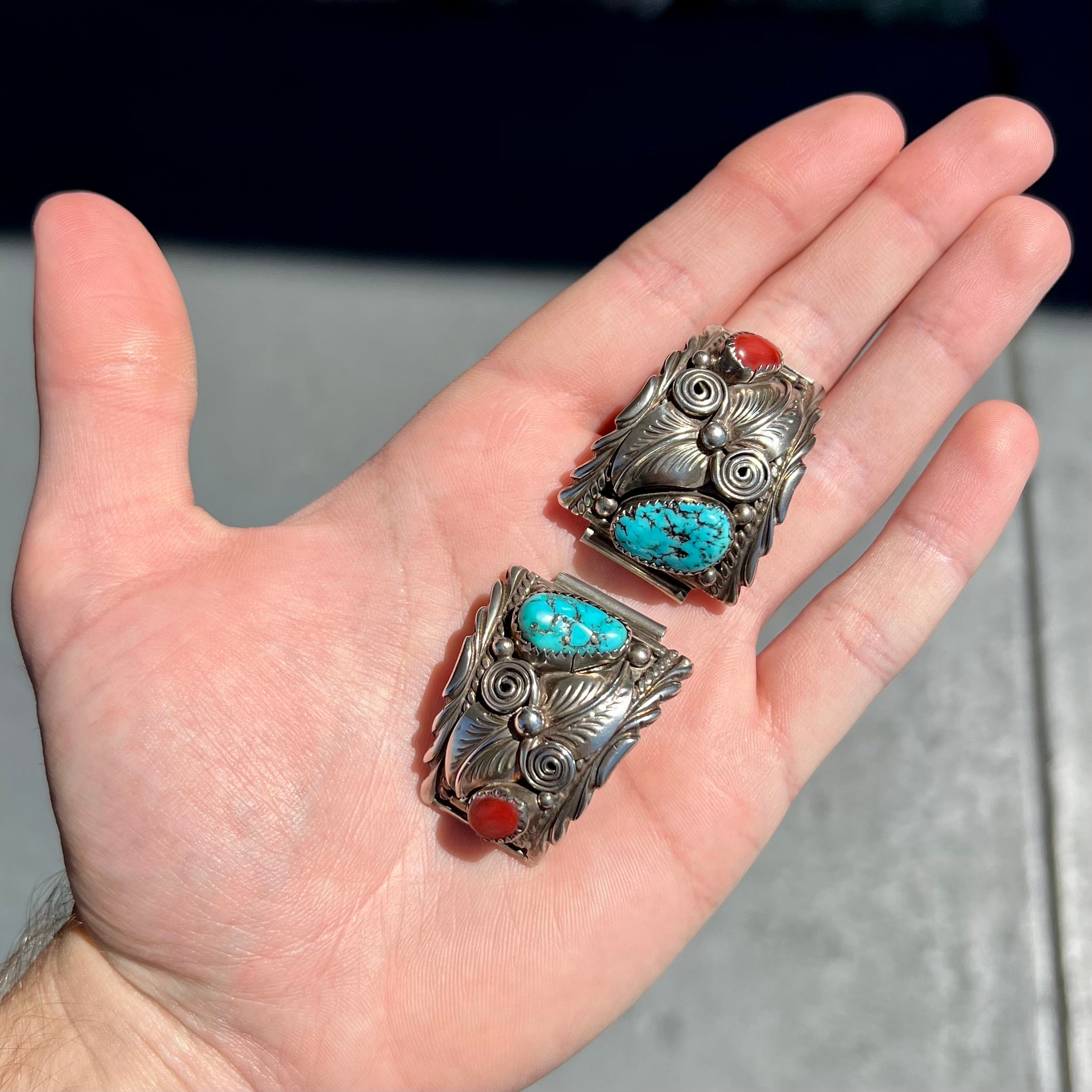 Sterling Silver, Turquoise and Coral Navajo Hand Crafted 2024 Watchband